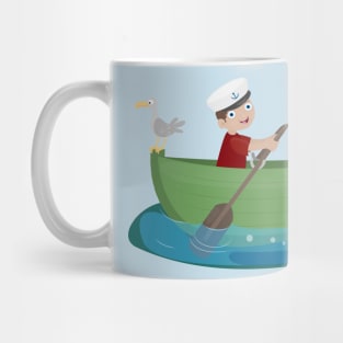 Cute boy sailor and dog rowing boat cartoon Mug